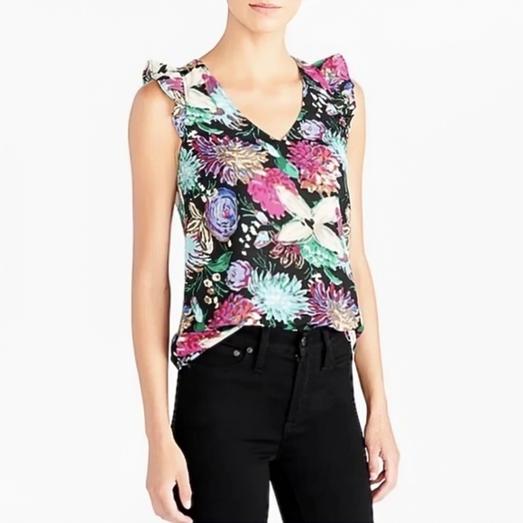 J. Crew Tops - J. Crew Flowy Flutter Sleeve Floral Top - Size 4 Womens - Black Multicolor